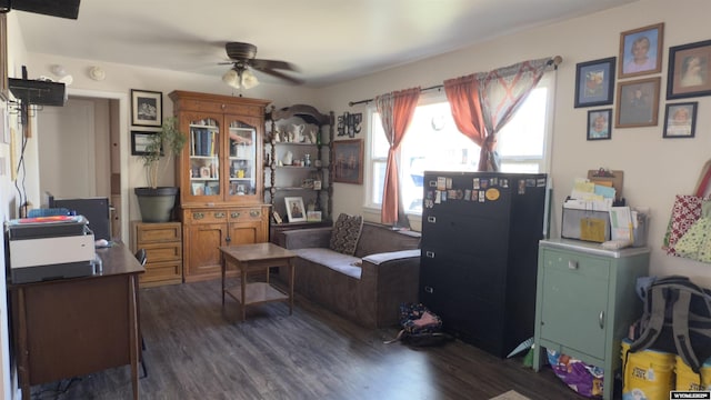 office with a ceiling fan and dark wood-type flooring