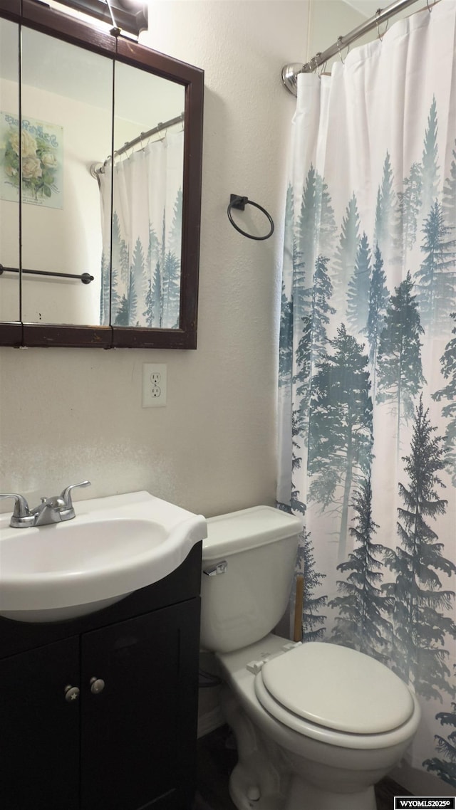 full bathroom with vanity, a textured wall, a shower with curtain, and toilet