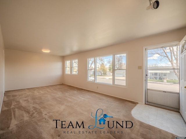 interior space featuring baseboards and light carpet