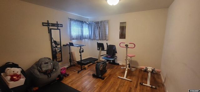 workout room featuring baseboards, wood finished floors, and electric panel