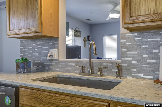 kitchen featuring backsplash, a ceiling fan, a sink, and dishwasher