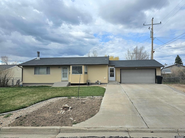 ranch-style home featuring a shingled roof, a front lawn, a garage, entry steps, and driveway
