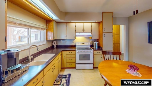 kitchen with dark countertops, white range with electric cooktop, a sink, light floors, and under cabinet range hood