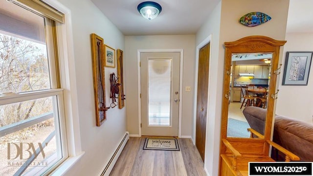 entryway featuring baseboards and wood finished floors