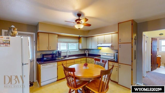 kitchen featuring a sink, dark countertops, a wealth of natural light, and white appliances