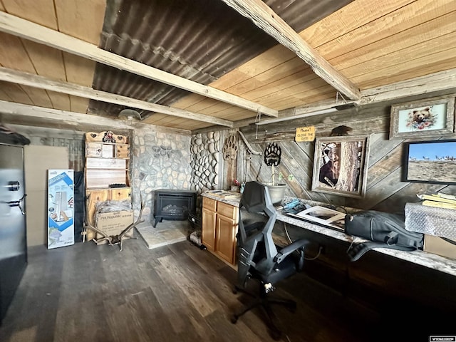 2025 Rolling Hls, Kemmerer, WY 83101 - home office with dark wood-type flooring, a wood stove, wood ceiling, and wooden walls