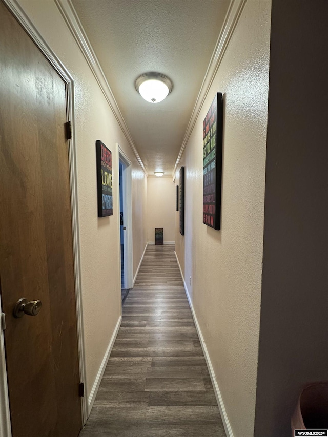 104 Brinton Rd, Lyman, WY 82937 - corridor with dark wood-type flooring, ornamental molding, baseboards, a textured ceiling, and a textured wall