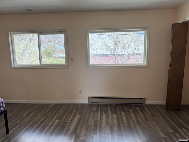 104 Brinton Rd, Lyman, WY 82937 - unfurnished room featuring baseboard heating, dark wood-style floors, and baseboards