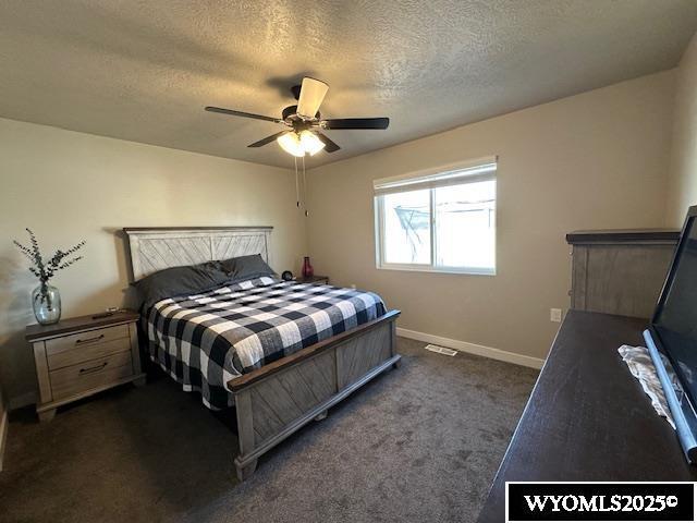 109 Chardonnay, Rock Springs, WY 82901 - bedroom with baseboards, ceiling fan, dark colored carpet, and a textured ceiling