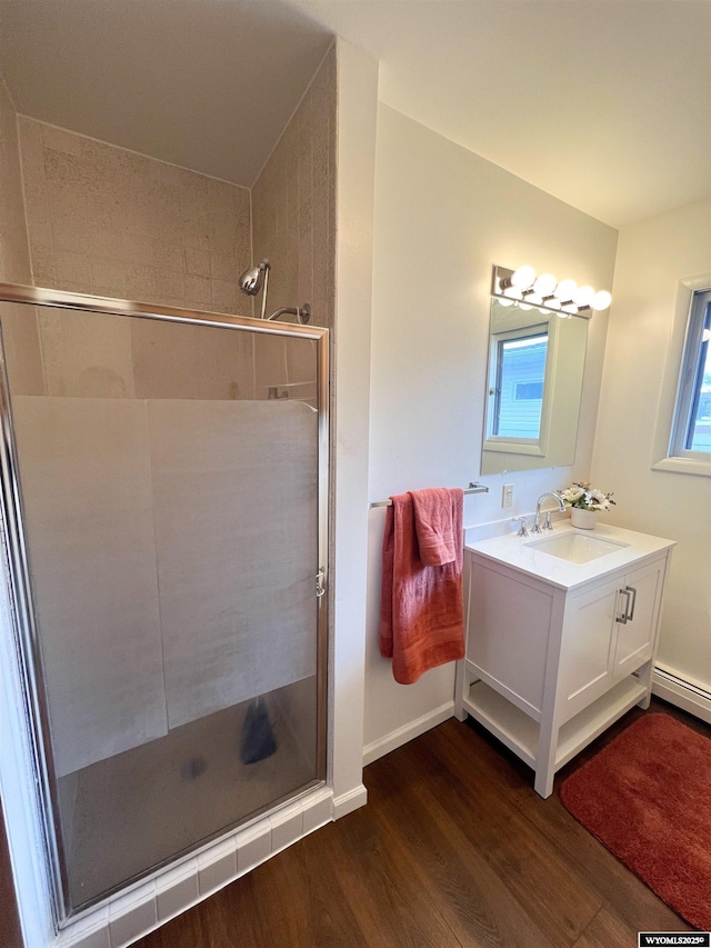 full bathroom featuring vanity, baseboards, wood finished floors, and a shower stall