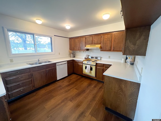 kitchen with a sink, light countertops, dark wood-style floors, under cabinet range hood, and white appliances