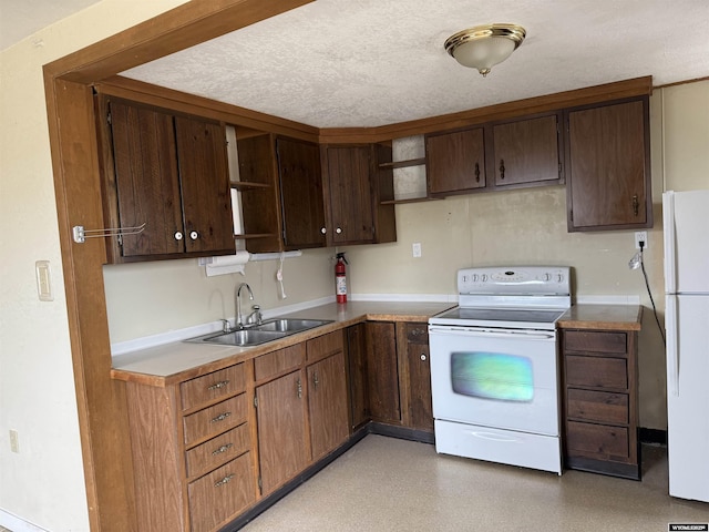 124 Railroad St, Lingle, WY 82223 - kitchen featuring a sink, open shelves, white appliances, and dark brown cabinetry