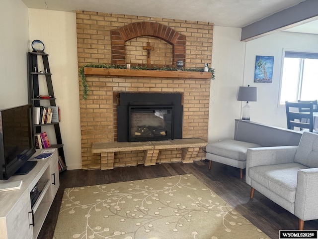 living room featuring wood finished floors and a fireplace