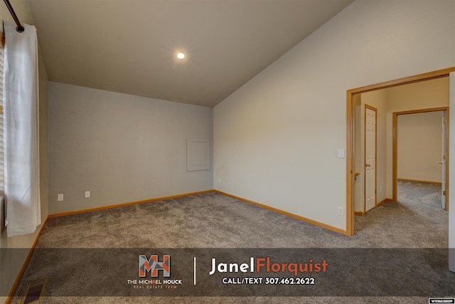 interior space with baseboards, carpet flooring, vaulted ceiling, and recessed lighting