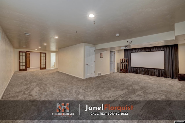 cinema with recessed lighting, carpet, baseboards, and visible vents