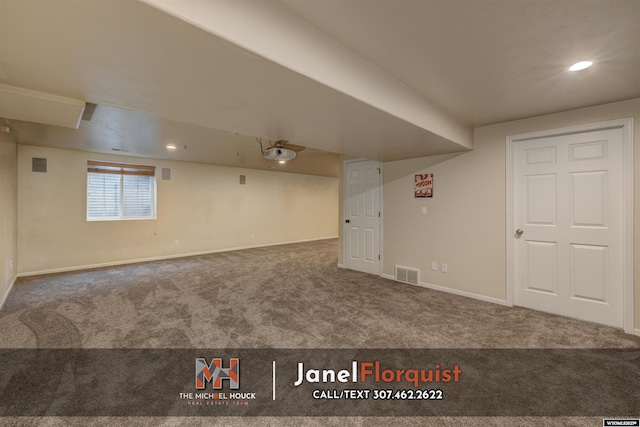 basement featuring visible vents, recessed lighting, baseboards, and carpet floors