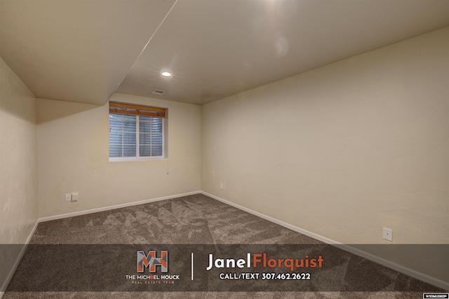 empty room with carpet floors, recessed lighting, baseboards, and visible vents