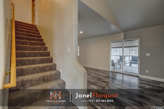 staircase with recessed lighting, baseboards, vaulted ceiling, and wood finished floors