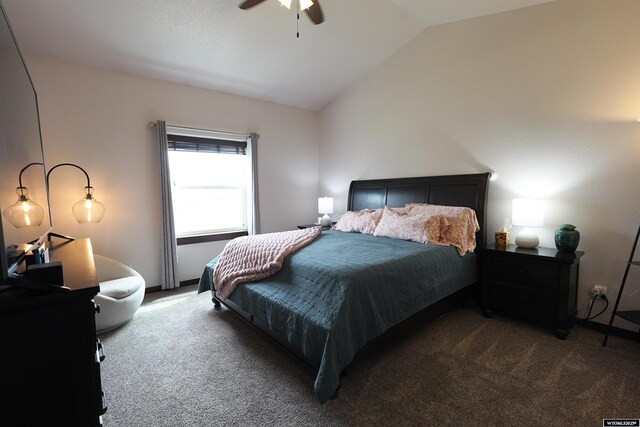 bedroom featuring carpet flooring, a ceiling fan, and lofted ceiling