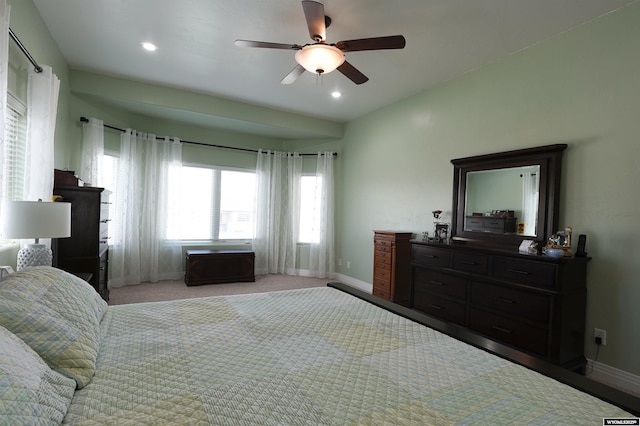 bedroom with baseboards, a ceiling fan, and recessed lighting