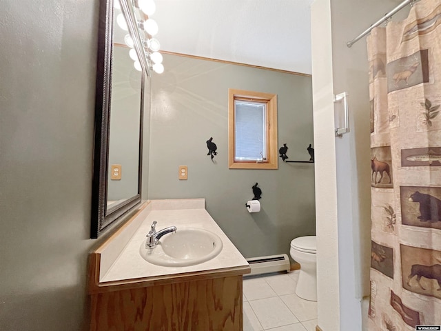 bathroom with vanity, toilet, tile patterned floors, a shower with shower curtain, and a baseboard radiator