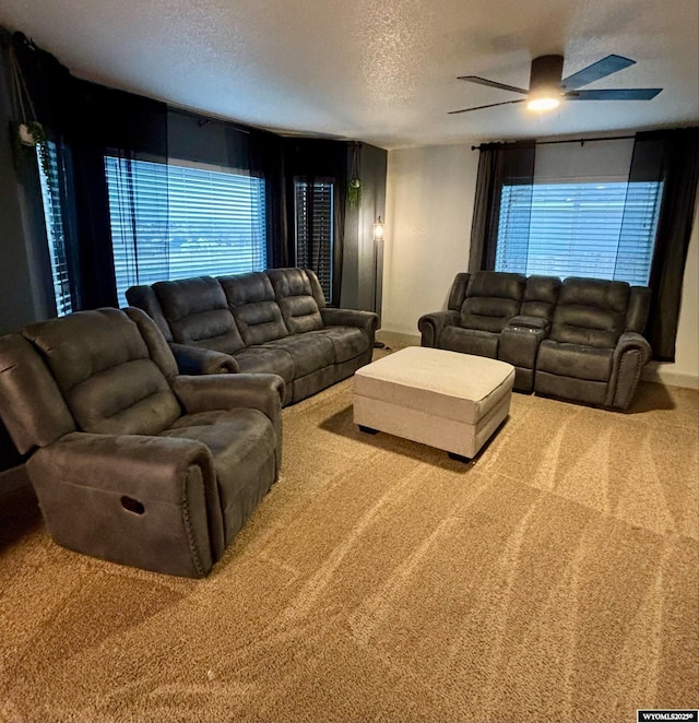 999 Eagle Dr, Douglas, WY 82633 - carpeted living room with a textured ceiling and ceiling fan
