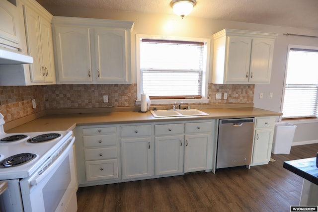 kitchen featuring white cabinets, white electric range oven, a sink, and dishwasher