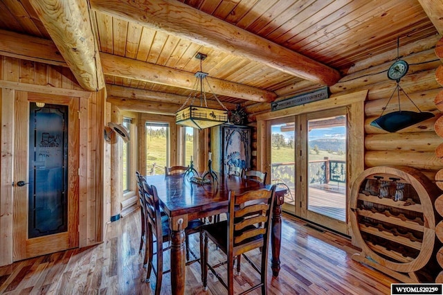 18 High Meadows Rd, Buffalo, WY 82834 - dining room with beamed ceiling, wooden ceiling, a wealth of natural light, and hardwood / wood-style flooring