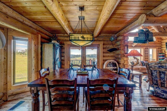 18 High Meadows Rd, Buffalo, WY 82834 - dining room featuring wooden ceiling, log walls, wood-type flooring, and beam ceiling