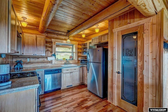 18 High Meadows Rd, Buffalo, WY 82834 - kitchen featuring a sink, stainless steel appliances, wood ceiling, light wood-type flooring, and log walls