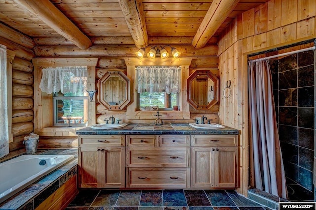 18 High Meadows Rd, Buffalo, WY 82834 - bathroom with a garden tub, a wealth of natural light, wooden ceiling, and beamed ceiling