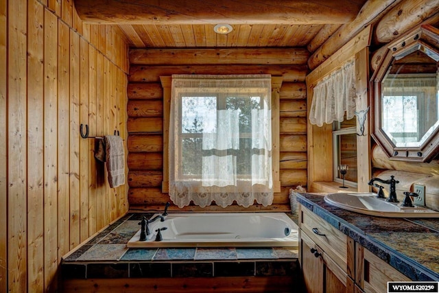 18 High Meadows Rd, Buffalo, WY 82834 - full bath with wooden ceiling, vanity, rustic walls, and a bath