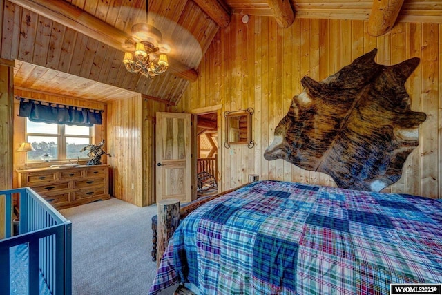 18 High Meadows Rd, Buffalo, WY 82834 - carpeted bedroom featuring wooden ceiling, vaulted ceiling with beams, and wood walls