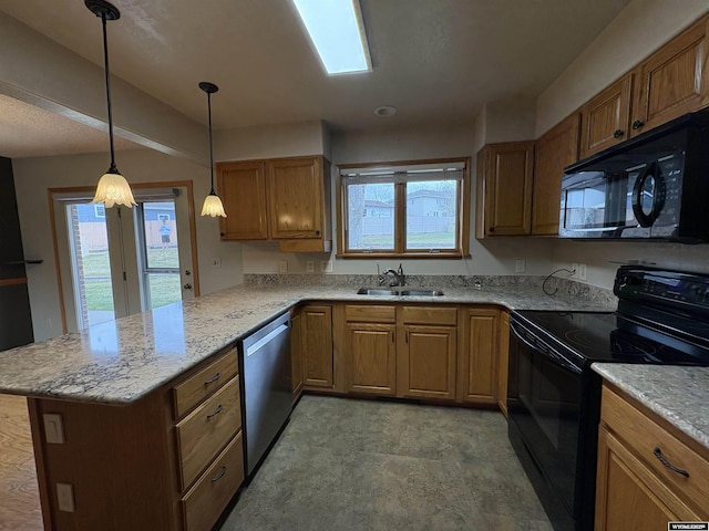 2327 Crestview Dr, Torrington, WY 82240 - kitchen featuring brown cabinetry, a peninsula, a sink, black appliances, and decorative light fixtures