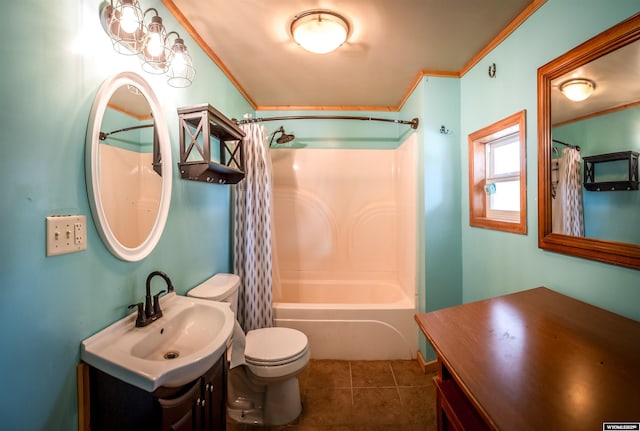 full bath with ornamental molding, tile patterned floors, vanity, shower / bath combo with shower curtain, and toilet