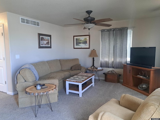 70B 27th St, Wheatland, WY 82201 - living room with carpet, visible vents, baseboards, and a ceiling fan