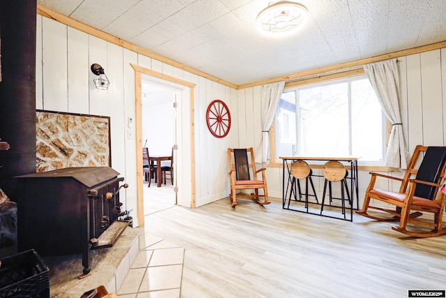 living area featuring a wood stove and light wood-type flooring