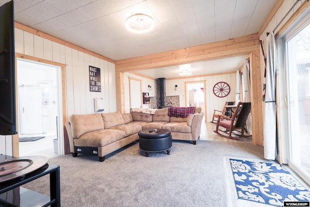 living area with wooden walls, carpet, and plenty of natural light
