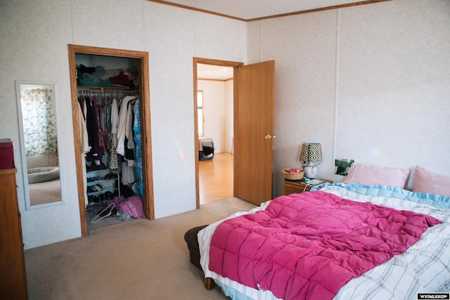 carpeted bedroom featuring a closet and crown molding