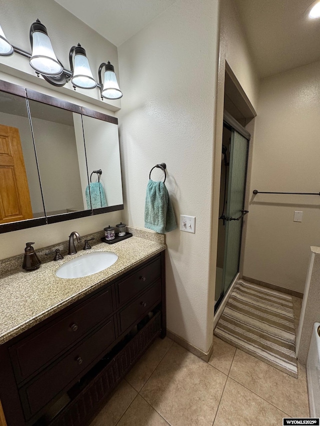 191 Lester Dr, Rock Springs, WY 82901 - bathroom featuring a shower stall, vanity, tile patterned flooring, and baseboards
