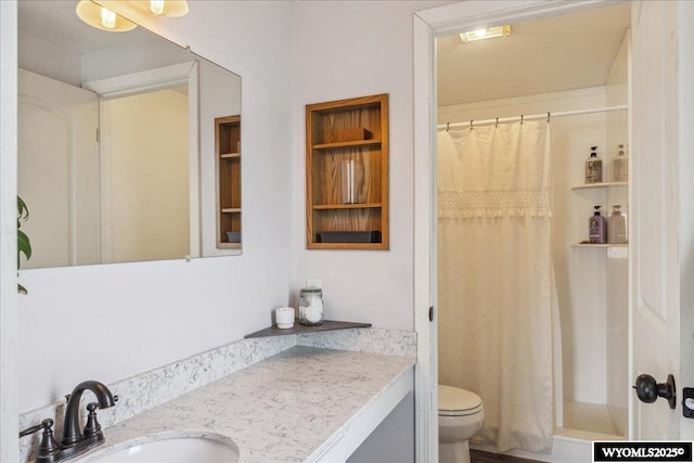 147 Apache Dr, Evanston, WY 82930 - full bath with toilet, vanity, a shower with curtain, and built in features