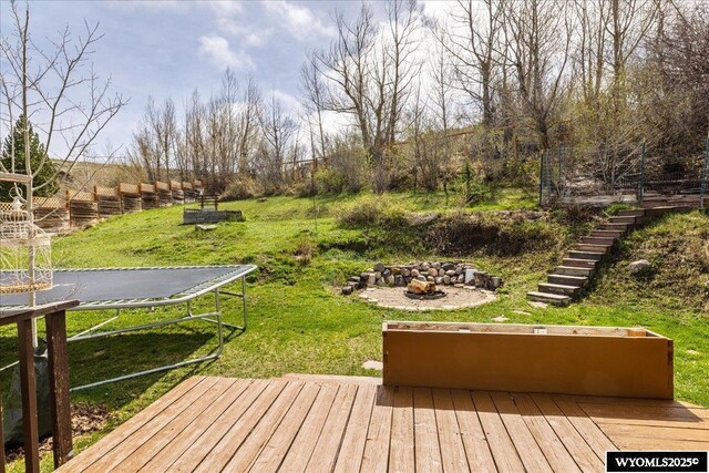 147 Apache Dr, Evanston, WY 82930 - wooden deck with stairs, a fire pit, and a lawn