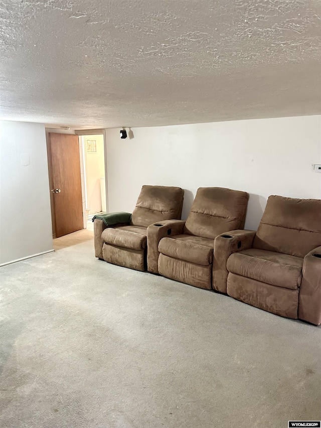 carpeted living area featuring a textured ceiling