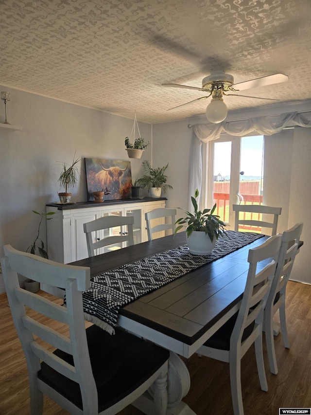 716 E 3rd St, Marbleton, WY 83113 - dining space featuring ceiling fan, a textured ceiling, and wood finished floors