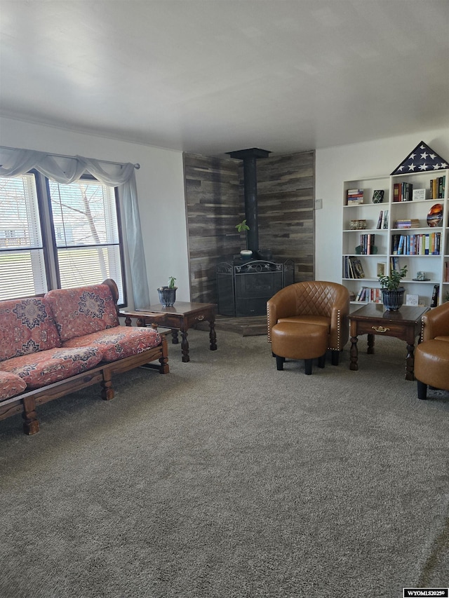 716 E 3rd St, Marbleton, WY 83113 - living area with a wood stove and carpet flooring