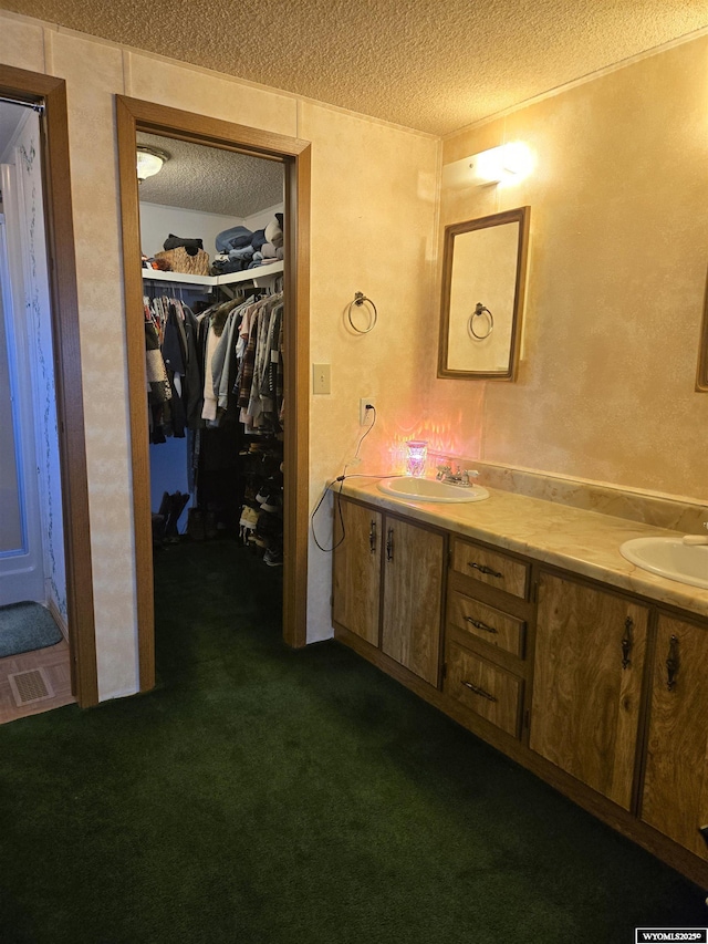 716 E 3rd St, Marbleton, WY 83113 - full bath featuring a textured ceiling, double vanity, a walk in closet, and carpet
