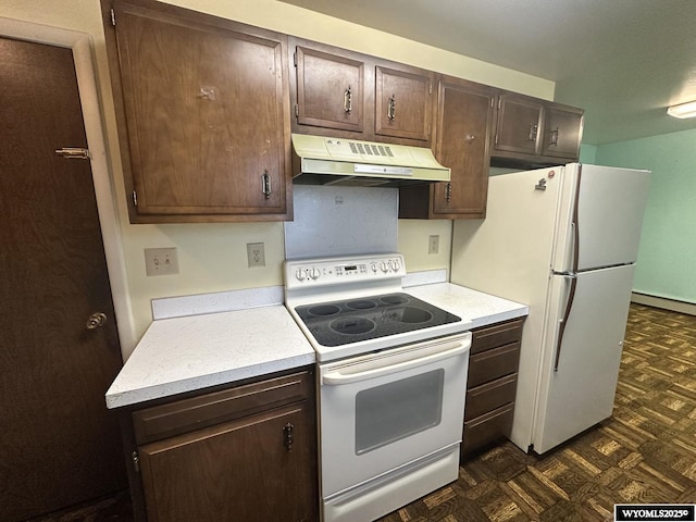 kitchen with under cabinet range hood, white appliances, light countertops, and dark brown cabinetry