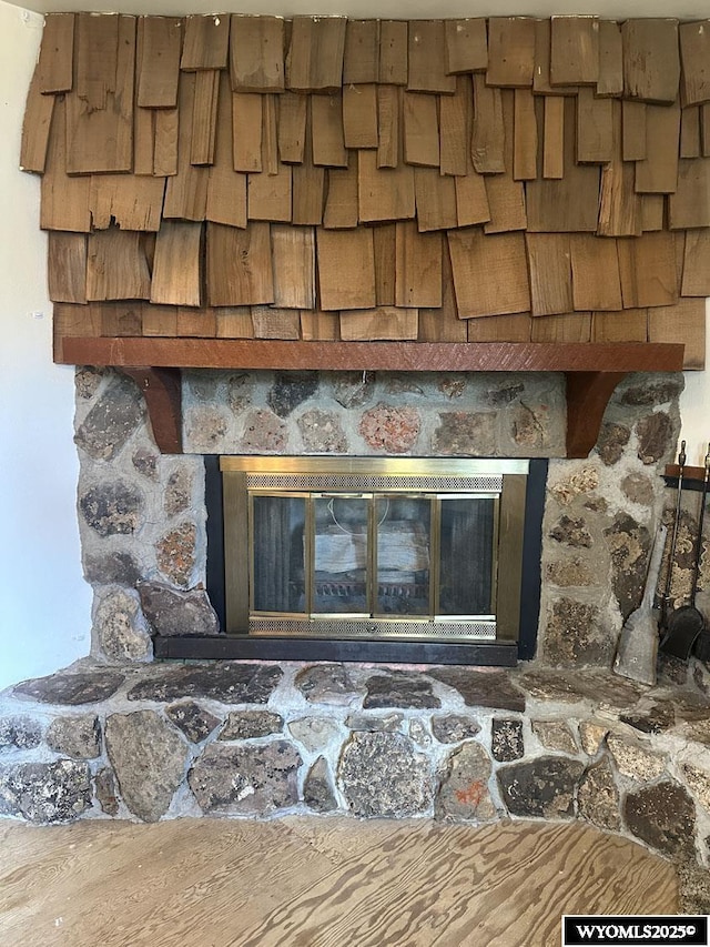 detailed view of a stone fireplace