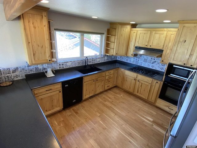 4230 S Oak St, Casper, WY 82601 - kitchen featuring light brown cabinetry, a sink, under cabinet range hood, open shelves, and recessed lighting