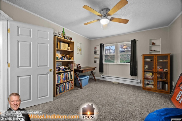 misc room featuring a baseboard heating unit, ceiling fan, crown molding, a textured ceiling, and carpet